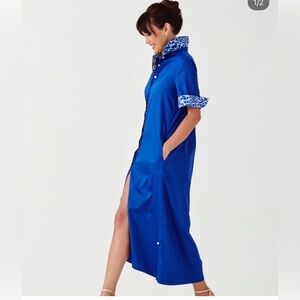 Perlavera Royal Blue Maxi Shirt Dress with Printed Collar
